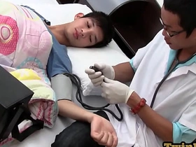 Examined Asia twink shoots cum while barebacked by medic black japanese gay porn