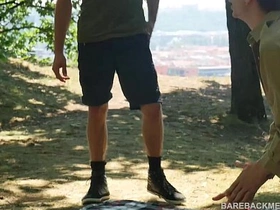 Camp Site Outdoor Bareback Threesome Spit Roast chinese on white gay gangbang porn